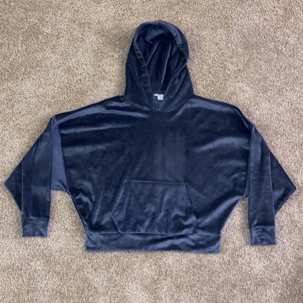 Dark Blue Crop Plush Hoodie Sweatshirt